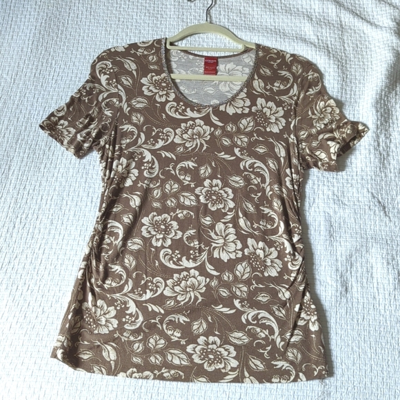Brown/Cream Floral Tshirt with Cute Glitter Collar Detail & Waist Ruching - Picture 1 of 7
